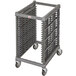 A grey plastic tray cart with metal casters.