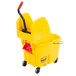 A Rubbermaid yellow mop bucket with a red wringer handle.