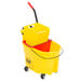 A Rubbermaid yellow mop bucket with a red handle.