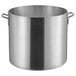 A large silver aluminum stock pot with handles.