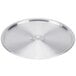 A silver aluminum lid for a pot or pan with a circular handle.