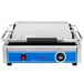 A Globe commercial panini grill with blue and black accents.