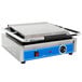 A Globe commercial panini grill with a blue and silver lid and handle.