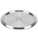 A silver stainless steel Vollrath Intrigue lid with a round top.