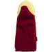 A red and yellow San Jamar Cool Touch Flame Puppet Style oven mitt with a yellow and white lining.