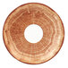 A circular wood plate with a white circle in the center.