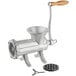 A silver Weston #22 manual meat grinder with a wooden handle.