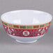 A white Thunder Group Longevity melamine rice bowl with a red and yellow oriental design.