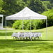 A Backyard Pro white instant canopy with tables and chairs set up on grass.