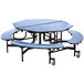 A blue National Public Seating octagonal cafeteria table with black metal legs and benches.