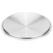 A silver circular stainless steel cover with a circular pattern.