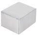 A silver rectangular metal cube with a white background.