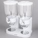Two white Zevro dry food dispensers with white lids.