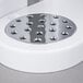 A white Zevro double canister dry food dispenser with circular silver accents and holes in it.