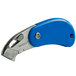 A close-up of a Pacific Handy Cutter blue and silver utility knife with a metal clip.