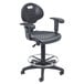 A black National Public Seating Kangaroo swivel office stool with arms and a foot rest.