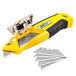 A yellow and black Pacific Handy Cutter metal auto-loading utility knife with five blades.