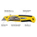 A yellow and black Pacific Handy Cutter metal auto-loading utility knife.