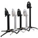 Three black Grosfillex Quattro aluminum bar height table bases with silver stands.
