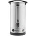An Avantco stainless steel and black water boiler with a handle.