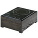 A black Cal-Mil countertop induction cooker with a wooden stand.