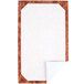 A white rectangular menu paper with a brown marble border.