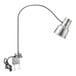An Avantco stainless steel heat lamp with a long curved arm and a cord attached.
