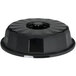 A black plastic lid with a round center.