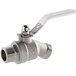 A close-up of a stainless steel ball valve with a handle.