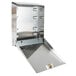 A San Jamar stainless steel C-fold/multi-fold towel dispenser with a metal lid open.