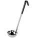 A silver ladle with a black handle.
