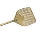 A close-up of a gold GI Metal square perforated pizza peel with a long handle.