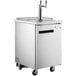 An Avantco stainless steel double tap kegerator with a stainless steel door on wheels.