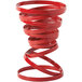 A close up of a red spiral wire basket.
