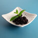 A Macchiato chocolate chip square melamine bowl filled with blackberries and mint leaves.