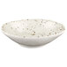 A white oval melamine bowl with brown speckled spots.