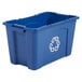 A blue Rubbermaid rectangular curbside recycling bin with a recycle symbol on it.