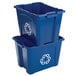 Two blue Rubbermaid rectangular curbside recycling bins with the recycling symbol.