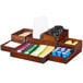 A walnut rectangular stackable wood display box with different colored containers inside.