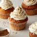 A cupcake with white frosting and brown powder on top.
