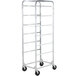A silver metal Channel Mobile Aluminum Lug Rack with black wheels.