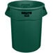 A green Rubbermaid Brute 55 gallon round plastic trash can.