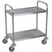 A Choice stainless steel utility cart with 2 shelves and wheels.