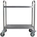 A stainless steel Choice utility cart with 2 shelves and wheels.