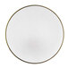 A white round Charge It by Jay glass charger plate with a gold rim.