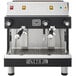 An Astra Mega II Compact semi-automatic espresso machine in black and silver with a stainless steel body.