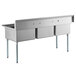 A Regency stainless steel 3 compartment sink with galvanized steel legs.
