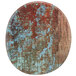 An American Metalcraft faux reclaimed wood melamine round serving board with blue paint on the edge.