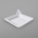 A white Elite Global Solutions square melamine plate with a raised handle.