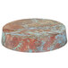 An American Metalcraft faux reclaimed wood round melamine riser with blue and brown paint on the surface.